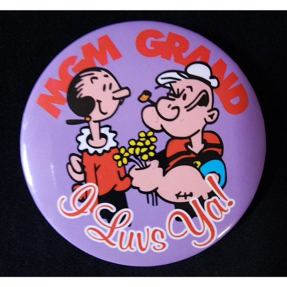 Vintage Popeye and Olive Oyl I Luvs Ya MGM Grand 3" Pinback Button Pin 1993 Old - Picture 1 of 2